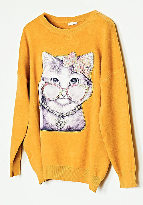 pullover-lovely-cat-loose-fit-me-strass-and-perles-okhra-cuca.gr